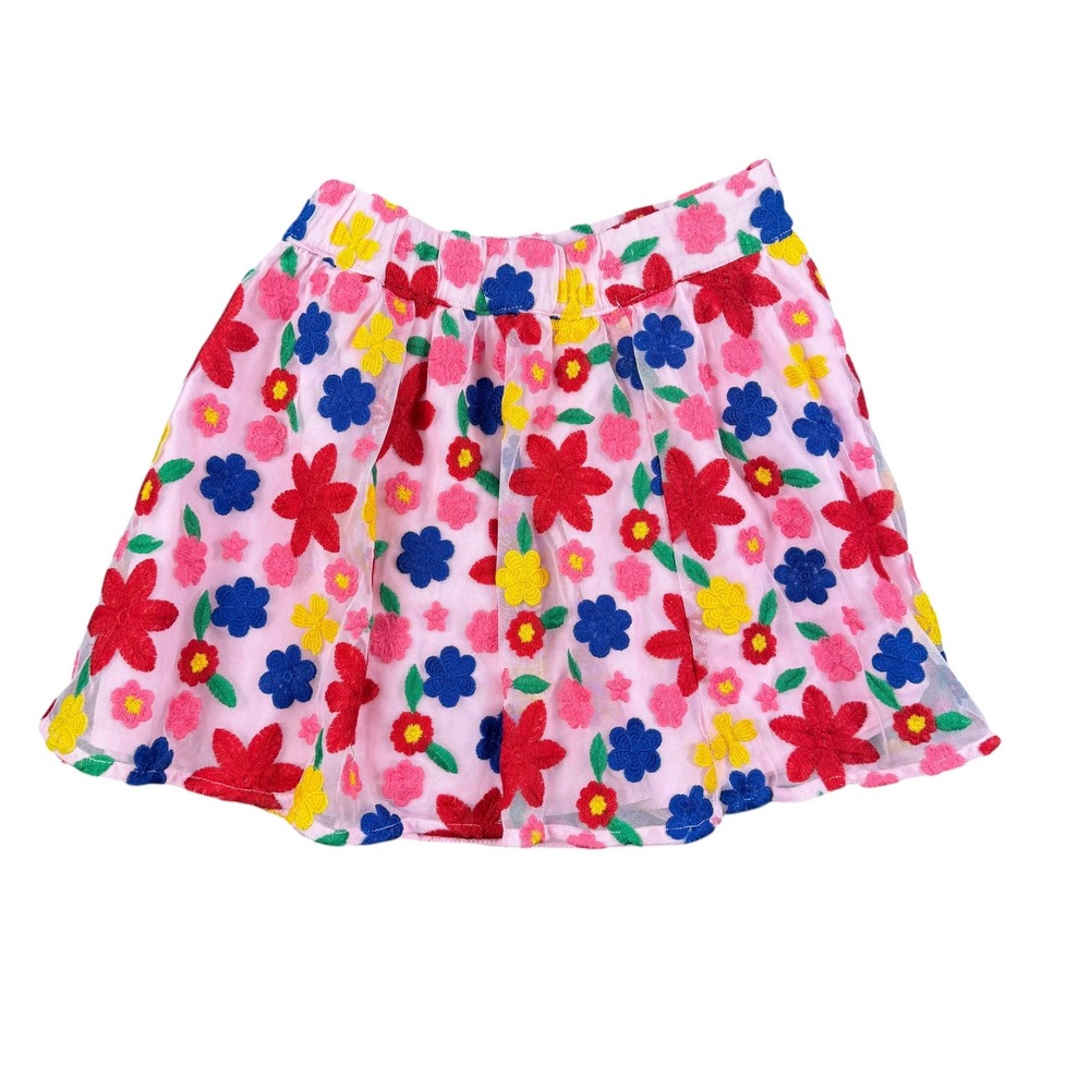 Janie and Jack Girls Pink Floral Embroidered Mesh Skirt Size 6 Elastic Waist 861